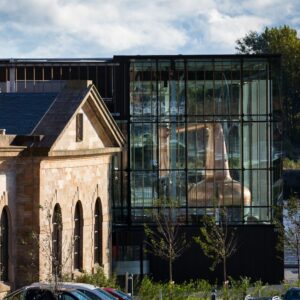 The Clydeside Distillery. Image of Whisky stills through glass and building.